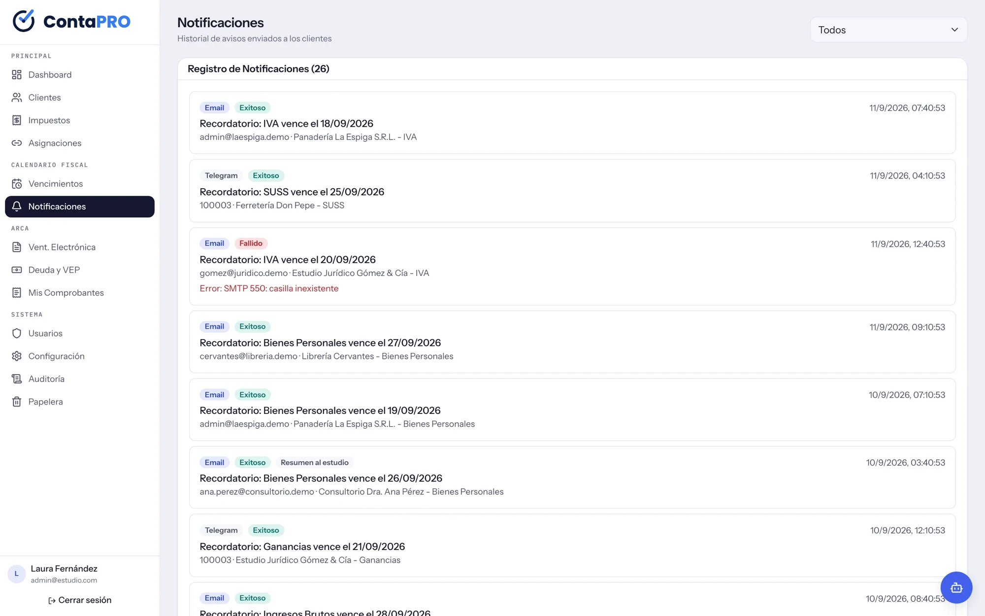 Registro de notificaciones enviadas